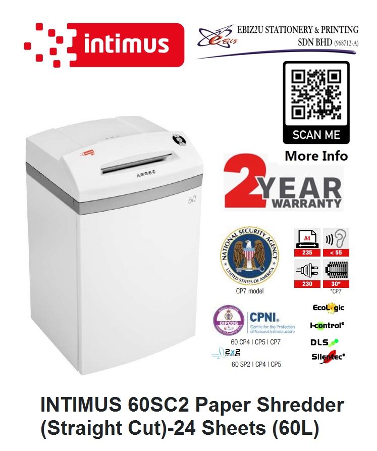 INTIMUS 60 SC2/SP2 Paper Shredder (Shred Capacity: 24 Sheets, Strip Cut: 3.8mm, Bin Capacity: 60 Liters)_Made in Germany