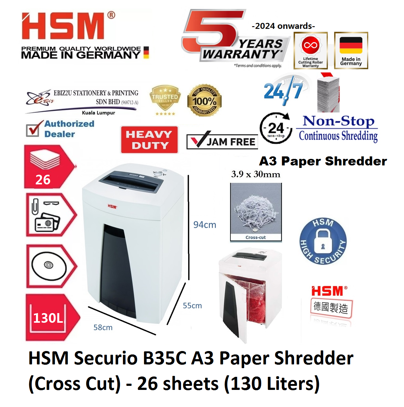 HSM Securio B35 C A3 Paper Shredder (Cross Cut) - 26 sheets (130 Liters) ( B35C, non stop, Cross Cut, Paper Shredder, Shredder Machine, Office Shredder, Heavy Duty Shredder, Mesin Penghancur Kertas)