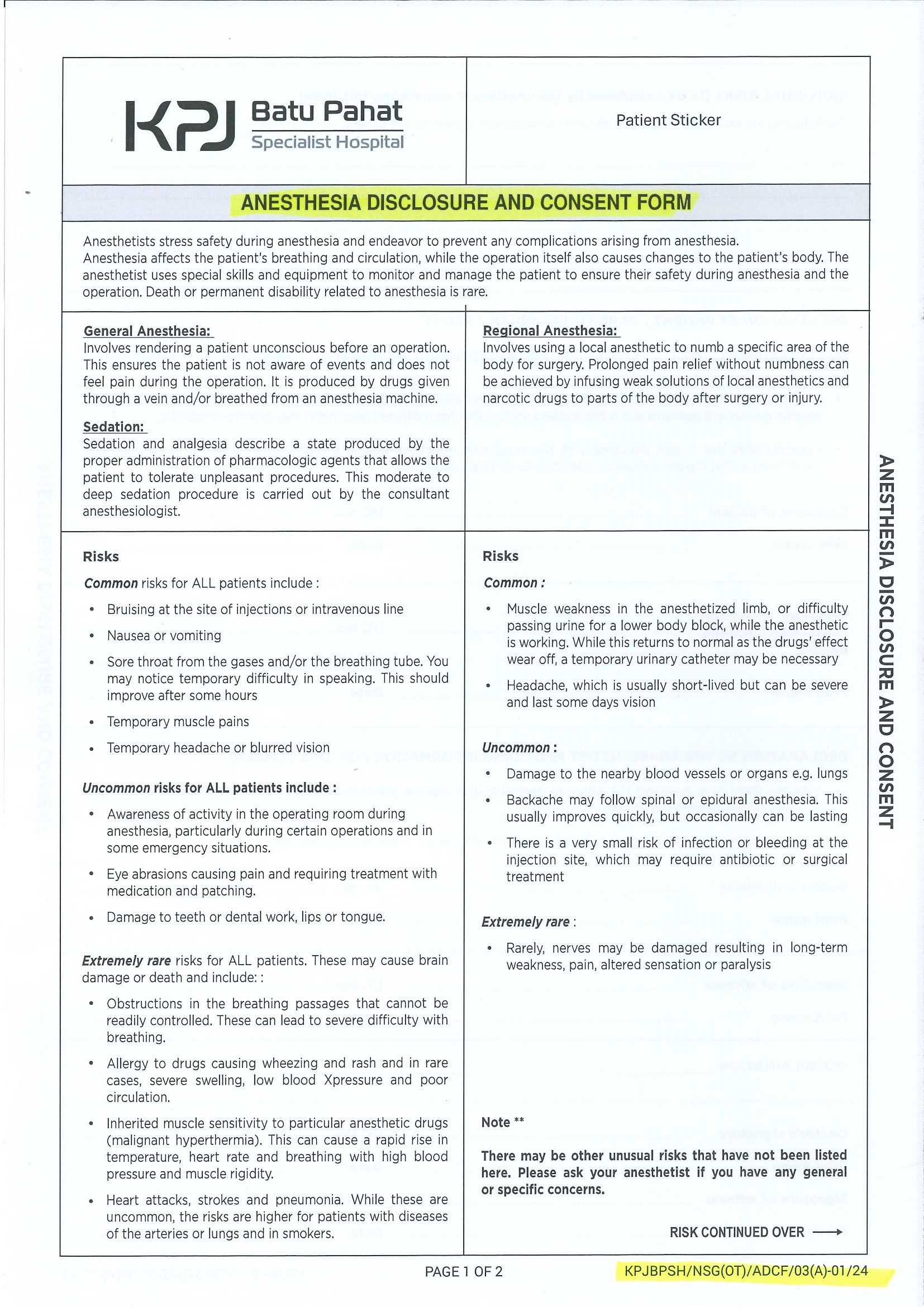 Anesthesia Disclosure And Consent Form