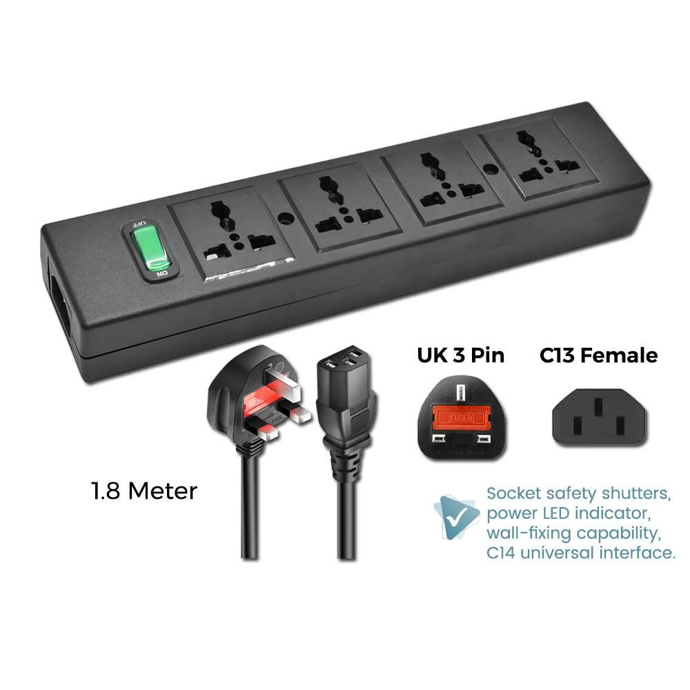 UNIVERSAL PDU POWER STRIP 4 WAYS SOCKET OUTLET POWER STRIP WITH SWITCH LED INDICATOR C14 UNIVERSAL INTERFACE