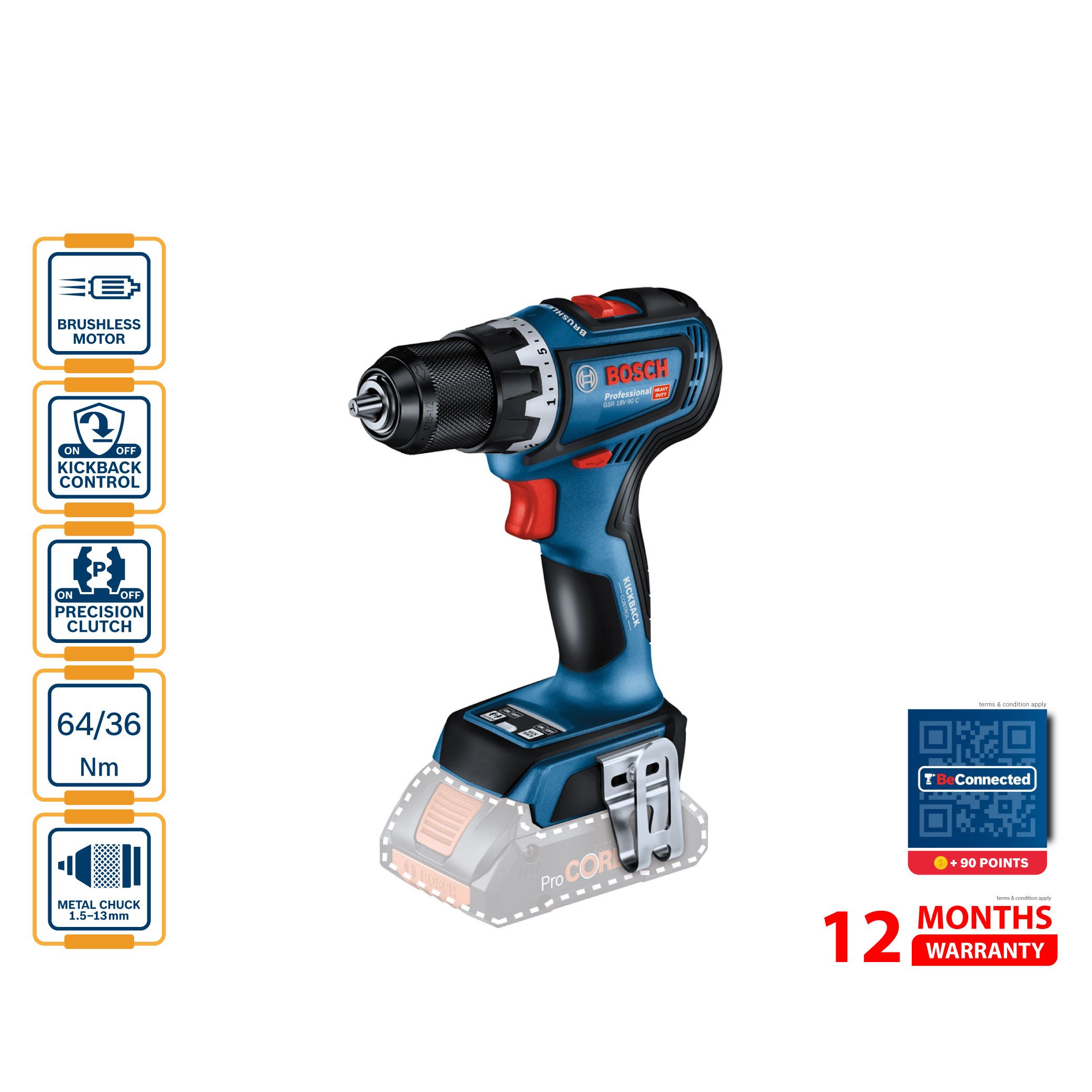 BOSCH GSR 18V 90 C Cordless Drill / Driver (Solo) - 06019K60L0