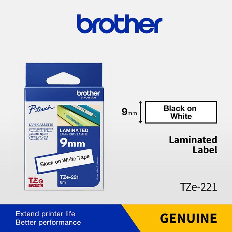 BROTHER P-TOUCH LABEL TAPE BLACK ON WHITE 9MM (TZE221)