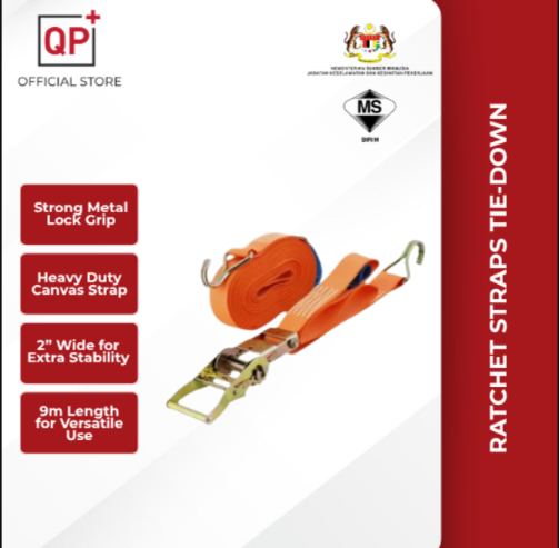 RATCHET STRAP TIE-DOWN WITH METAL LOCK HEAVY DUTY CANVAS BELT 2" X 9M l PENGIKAT LOGAM l 金属绑带-M/DUTY 2" X 9M