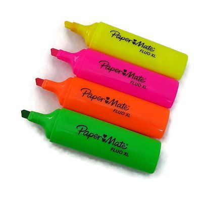PaperMate Fluo XL Highlighter - Green, Yellow, Pink, Orange.