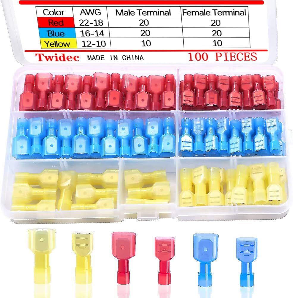 100Pcs Female/Male Electrical Wire Connector Insulated Crimp Terminals Spade Cable Terminal Wire Red Blue Yellow Kit 22-10 AWG