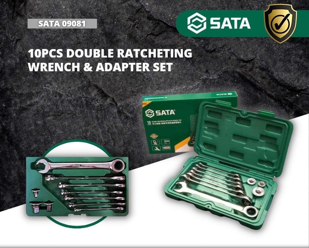SATA 09081 10PCS DOUBLE RATCHETING WRENCH + ADAPTER SET