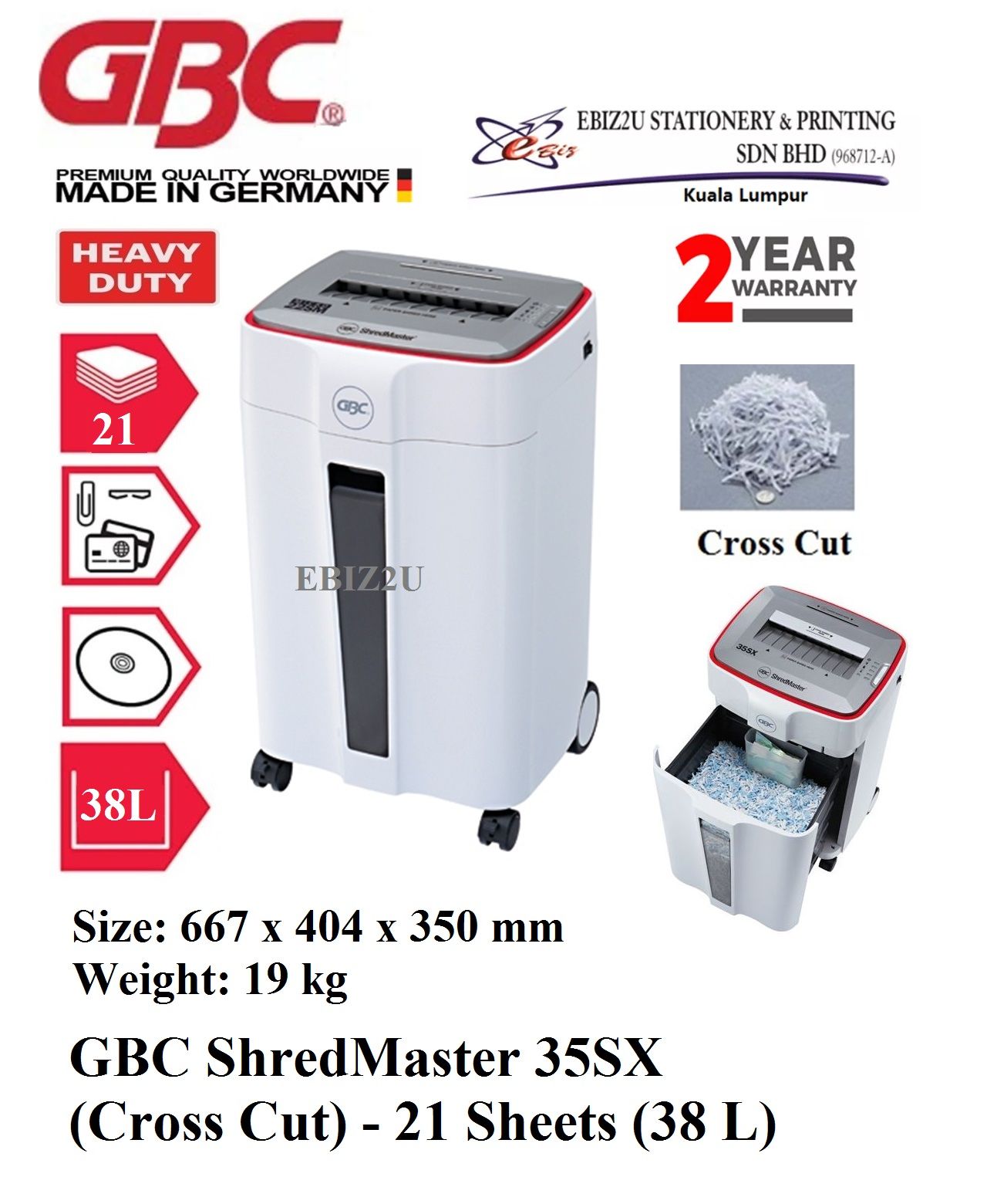 GBC ShredMaster 35SX Paper Shredder (Cross Cut) - 21 Sheets (38 L) (Cross Cut, Paper Shredder, Shredder Machine, Office Shredder, Heavy Duty Shredder, Mesin Penghancur Kertas)