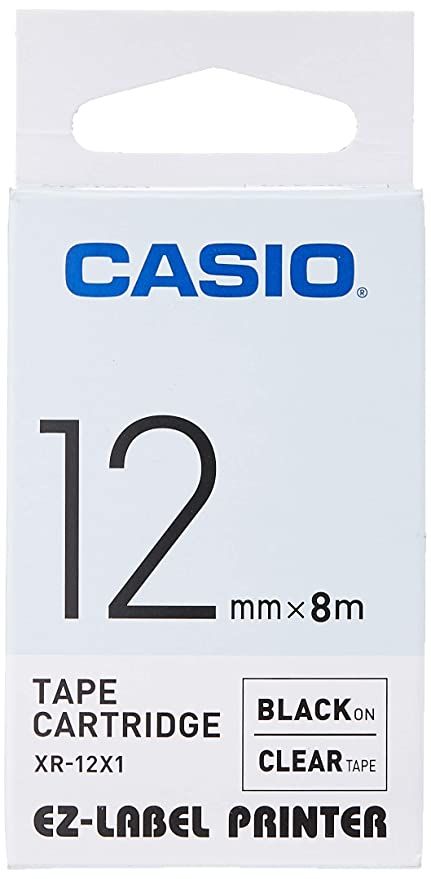 CASIO XR-12WEI TAPE CARTRIDGE 12MM X 8 M-BLACK, CASIO XR-12 X 1 TAPE CARTRIDGE 12MM X 8 M-CLEAR