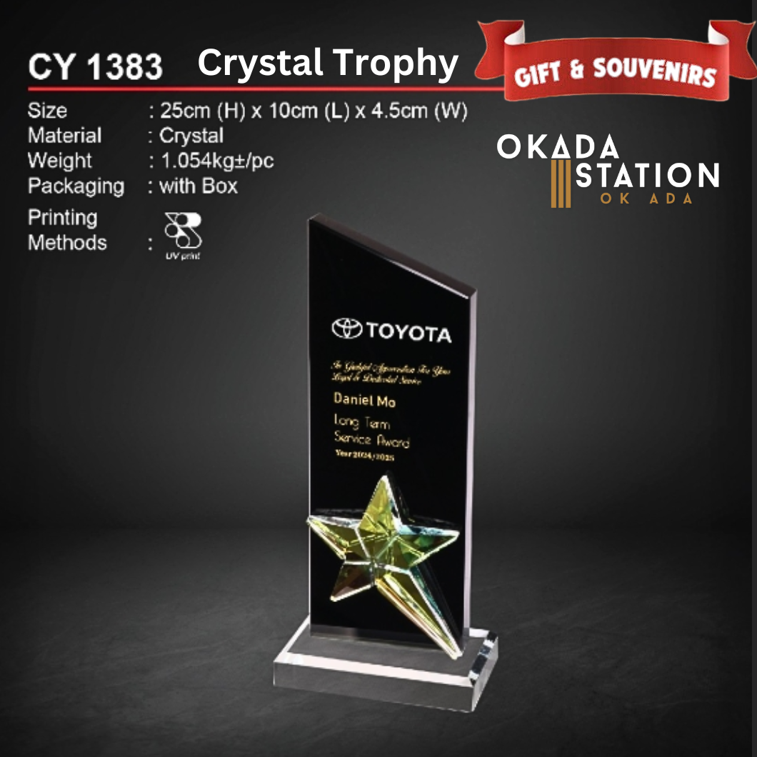 OKADA GIFT & SOUVENIRS : CY 1383 CRYSTAL TROPHY WITH PRINTING / CRYSTAL AWARD / AWARD TROPHY / CRYSTAL / TROPHY / AWARD / CY 1383 / 1.045KG