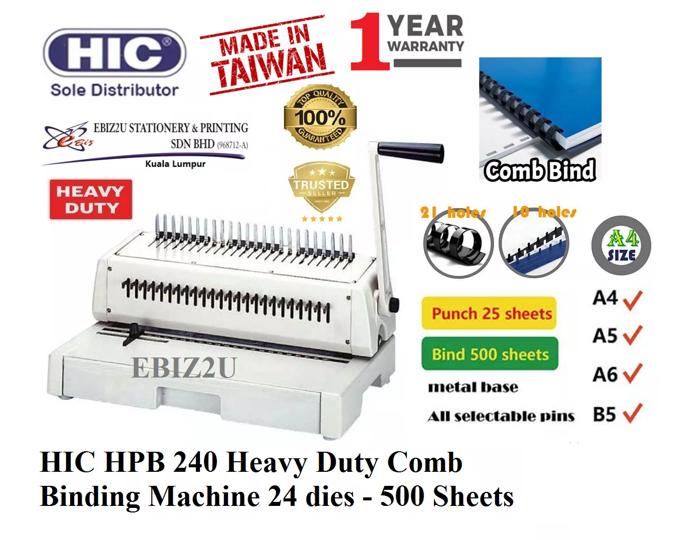 HIC HPB 240 Heavy Duty Comb Binding Machine 24 dies - ( HPB-240, binding machine, heavy duty binding machine, comb binder, comb binding machine)