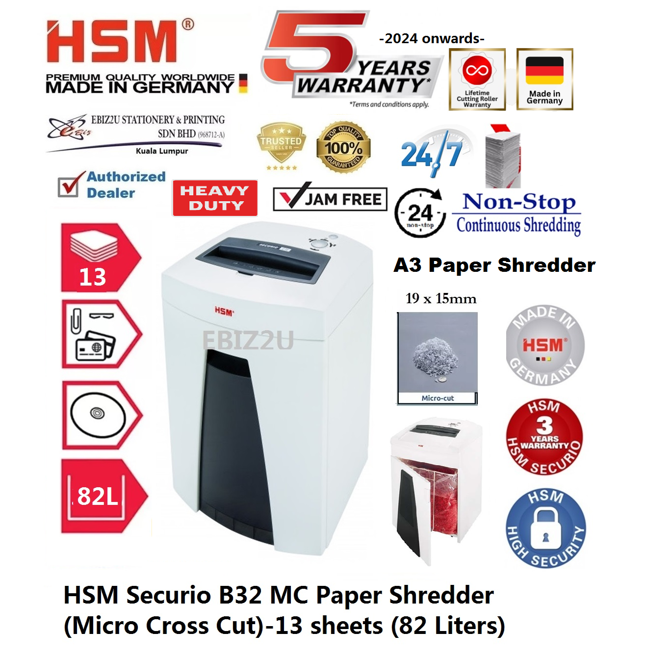 HSM Securio B32 MC Paper Shredder (Micro Cross Cut)-13 sheets (82 Liters) ( B32MC, Micro Cut, Paper Shredder, Shredder Machine, Office Shredder, Heavy Duty Shredder, Mesin Penghancur Kertas)
