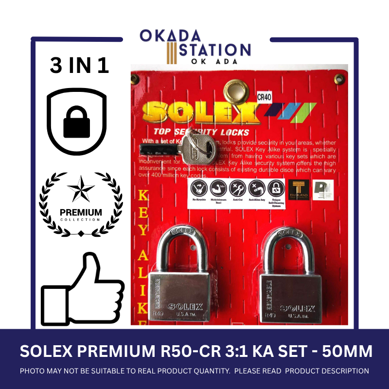 SOLEX PADLOCKS / SIZE 50MM / R50-CR 3:1 KA SET / KEY-ALIKE / MASTER KEY /SYSTEM PADLOCKS / 100% ORIGINAL / PREMIUM TOP SECURITY / KUNCI - 50MM