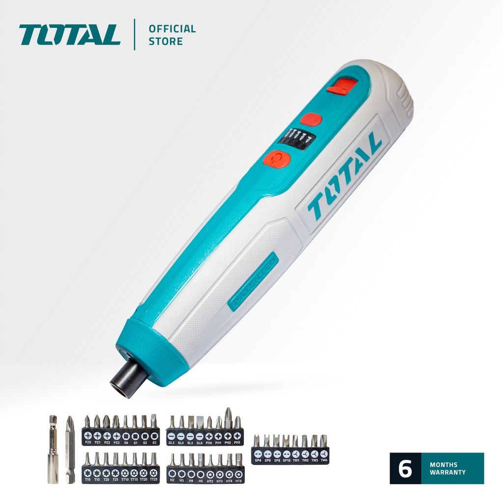 TOTAL TSDLI0403 LI-ION CORDLESS SCREWDRIVER (BUILT-IN LED WORKING LIGHT AND CHARGE LEVEL INDICATORS. SINGLE BUTTON TRIGGER TO ACTIVATE BOTH DRIVING AND REVERSING FUNCTIONS.)
