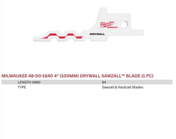 Milwaukee 4" (100mm) Drywall SAWZALL™ Blade (1pc) 48-00-1640