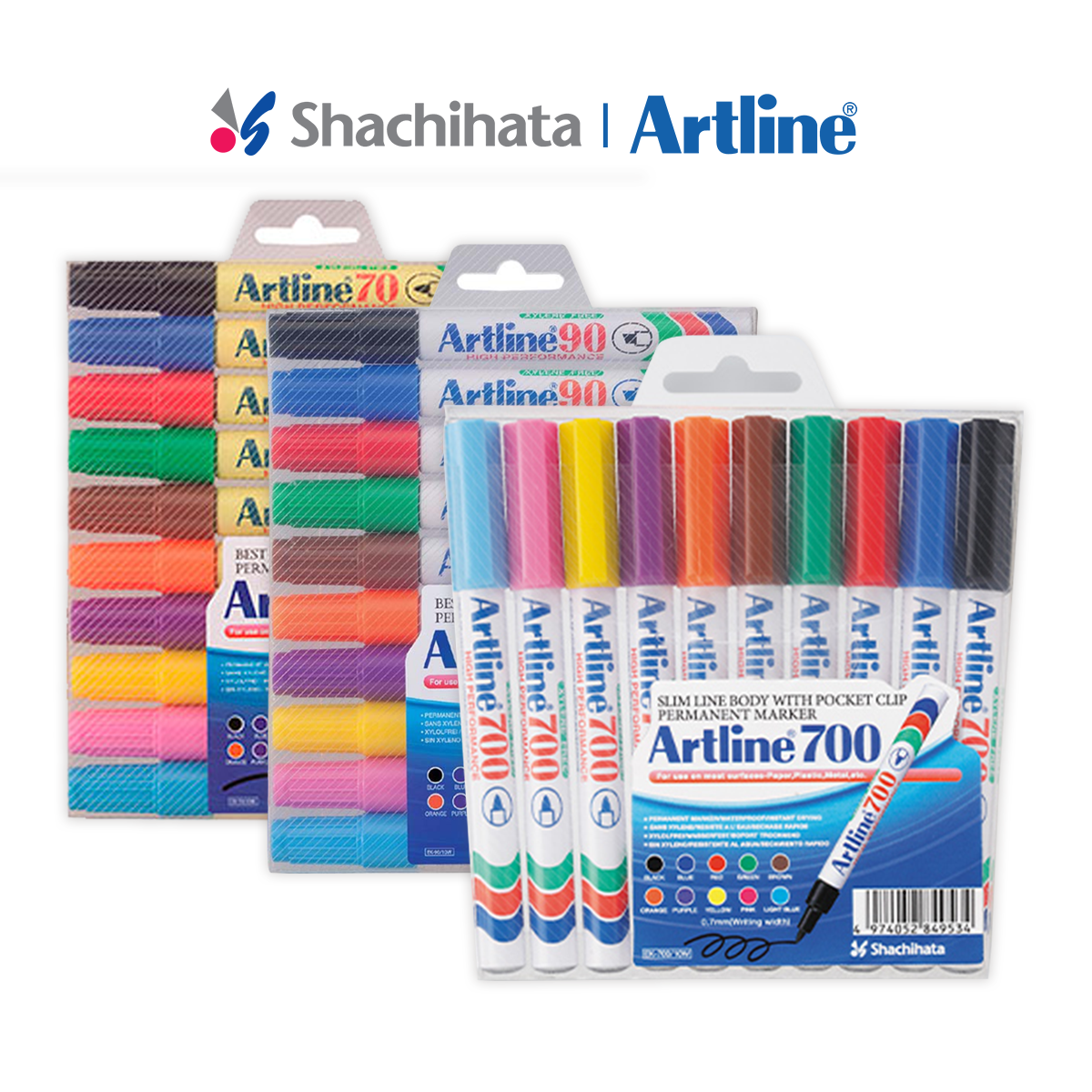 Artline 70 / 90 / 700 Permanent Marker Mixed Colour 10pcs Set | Waterproof | Refillable 90
