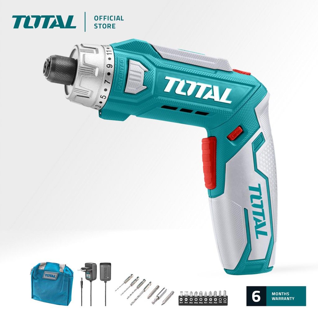 TOTAL TSDLI0801 LI-ION CORDLESS SCREWDRIVER (PACKAGE COMES WITH 10 PCS SCREWDRIVER BIT (25MM) / 2 PCS CR-V SCREWDRIVER BITS (50MM) / 1 PC MAGNETIC BIT HOLDER /1 PC CHARGER /1 PC CARRYING BAG)