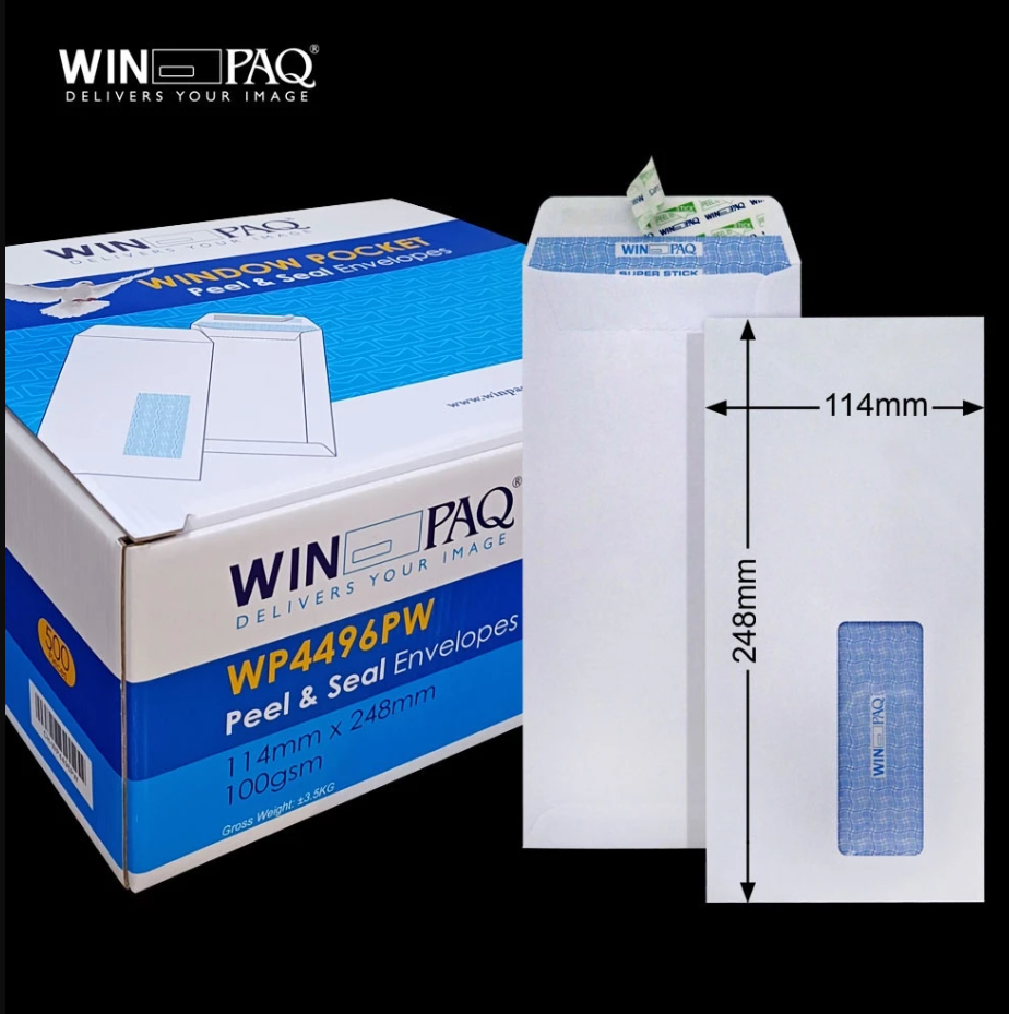 WINPAQ 4.5"X9.75" WINPAQ 100GM WHITE OPAQUE WINDOW P&S POCKET ENVELOPE (500'S X 2 BOXES)