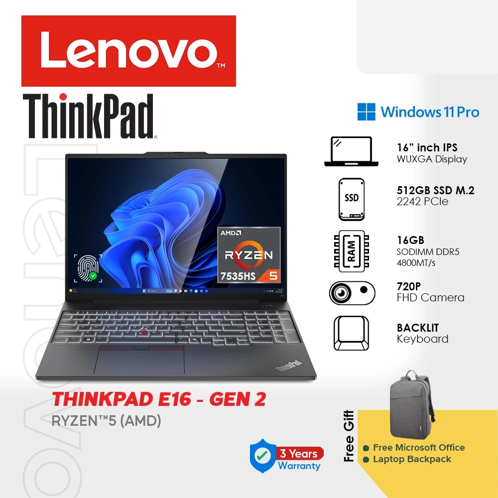 Lenovo 16" Thinkpad E16 Gen 2 Laptop AMD R5-7535HS WUXGA IPS 16GB 512GB With Office 3Y Onsite