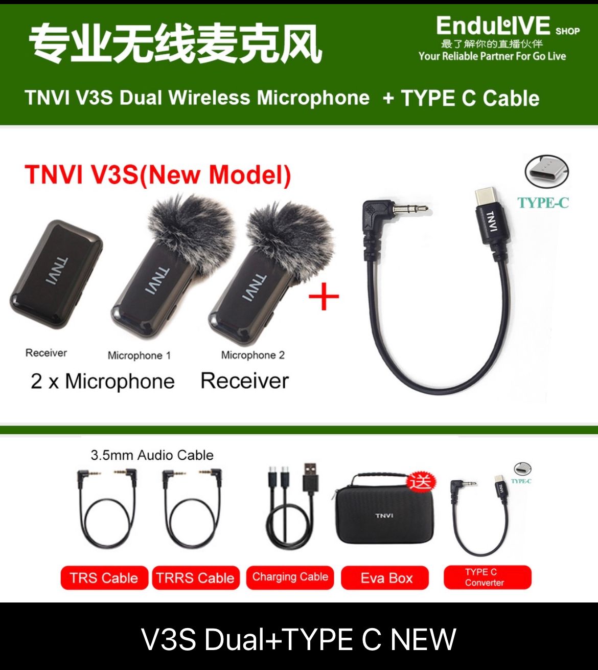TNVI V3S Dual + Type C Wireless Microphone