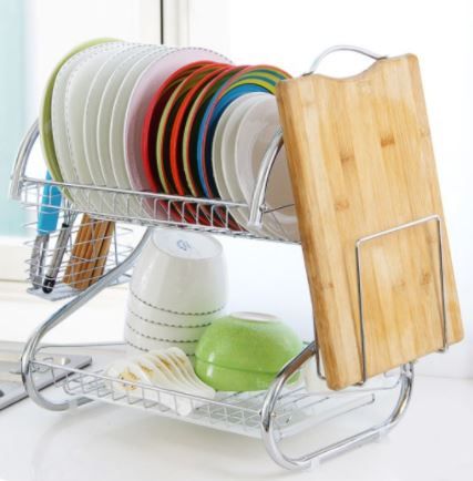 Kitchen Rack / Plate Rack / Rak Pinggan Stainless Steel 2 Layer S Shape Dish Rack Set with Tray