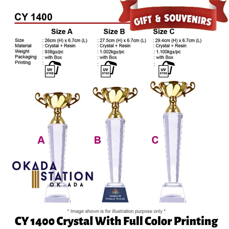 GIFT & SOUVENIRS : CY 1400 CRYSTAL WITH FULL COLOR PRINTING / CRYSTAL AWARD / AWARD TROPHY / TROFI / 26CM(H) / 27.5CM(H) / 29.4CM(H) / 1PC