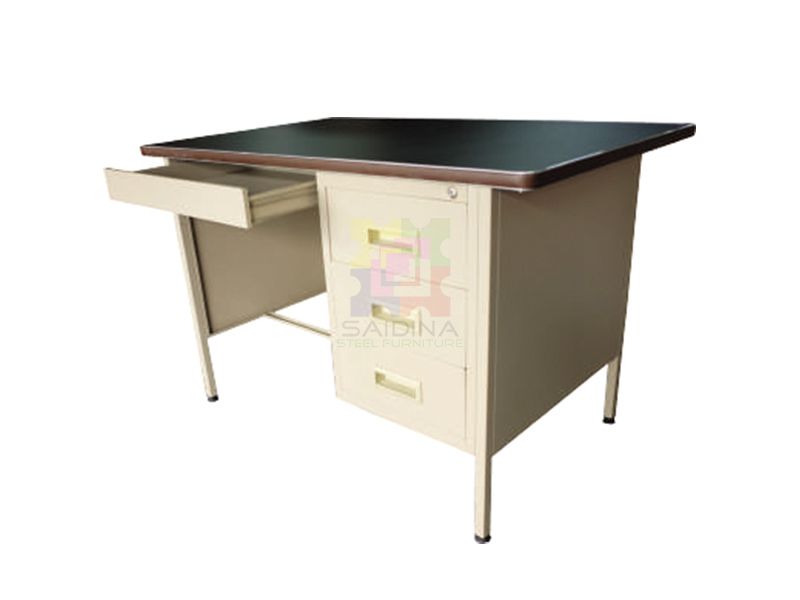 *Meja Besi 4 kaki Berlaci dengan Top Linoleum Hitam | 4ft Single Pedestal Steel Desk (Black Linoleum Top) | Model: S102/LT