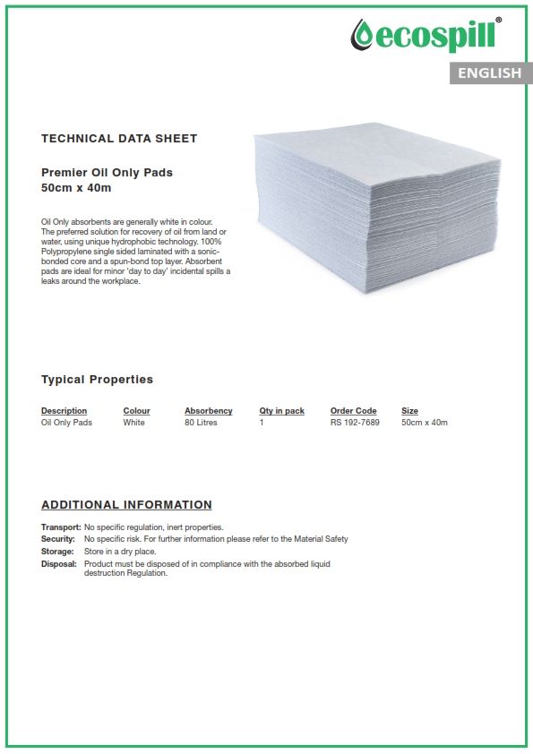 Ecospill *Ecospill Ltd Premier Oil Spill Absorbent Pad 80 L Capacity, 100 Per Package