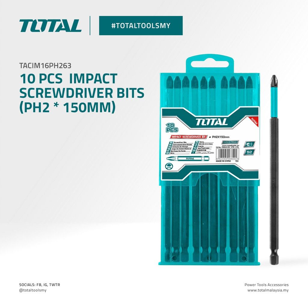 TOTAL IMPACT SCREWDRIVER BITS PHILLIPS PH2 + PH2 MAGNETIC IN PLASTIC CASE (150MM/1/4"/10 PCS) TACIM16PH263