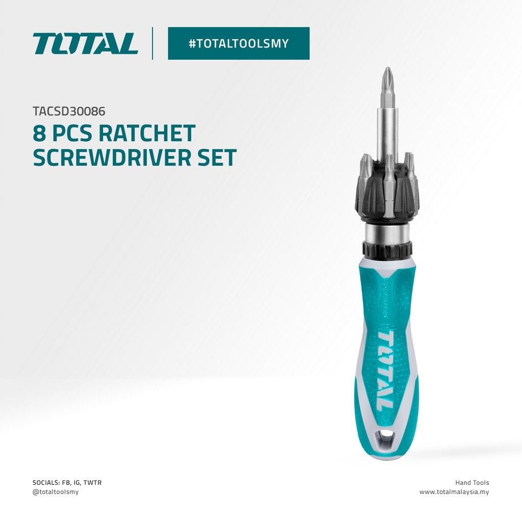 TOTAL RATCHET SCREWDRIVER SET FLAT/SLOTTED SL5 SL6 PHILLIPS PH1 PH2 PH3 TORX T15 & T20 (8 PCS) TACSD30086