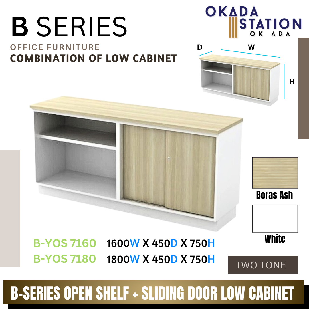 B SERIES OPEN SHELF + SLIDING DOOR LOW CABINET- (B-YOS 7160) (B-YOS 7180) / B SERIES / WOODEN LOW CABINET / COMBINATION LOW CABINET / OPEN SHELF + SLIDING DOOR CABINET/ LOW CABINET / CABINET