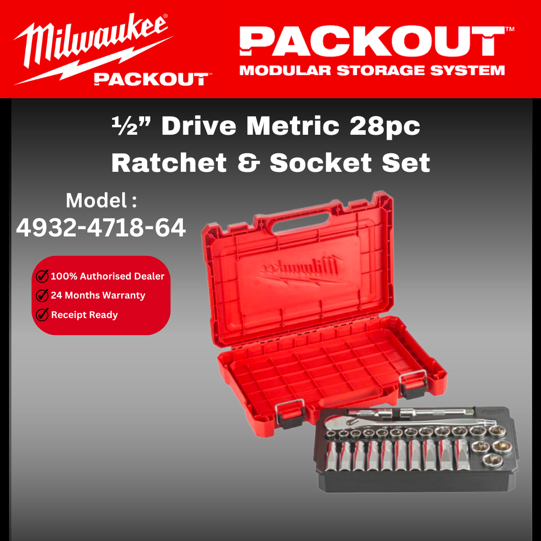 Milwaukee 陆鈥�Drive Metric 28pc Ratchet & Socket Set / Impact Socket 1/2" / 4932-4718-64 / Socket Set in Box