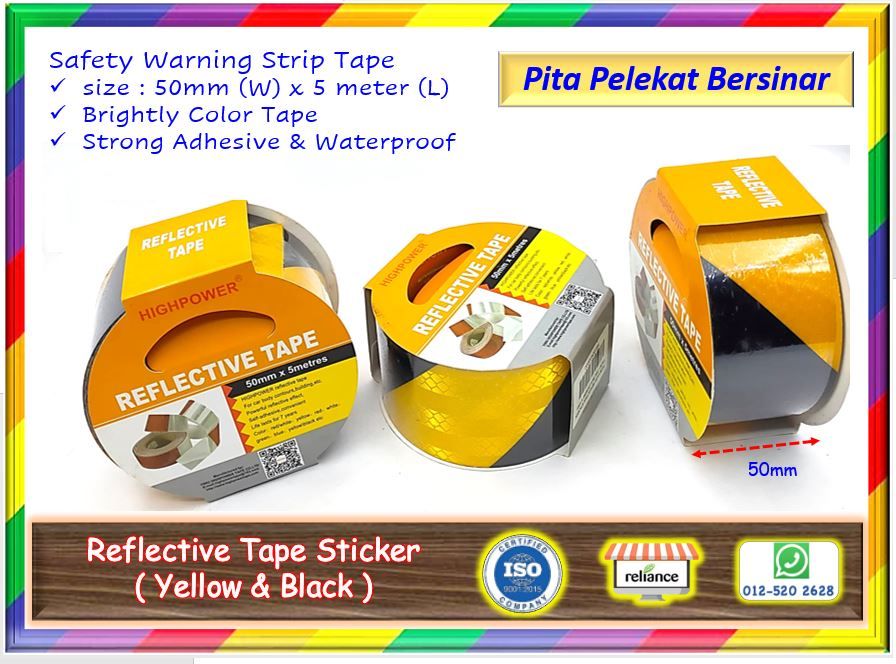 Reflective Tape Sticker - Kuning Hitam (50mm x 5 Meter) / Caution Tape / Floor Tape / Safety Tape / Warning Tape / Reflective Awas Tape / Fluorescent Tape / Pelekat Pita Pendarfluor #Double Tape #Reflective Tape#RS2047 (KTT : 1 Gulung)