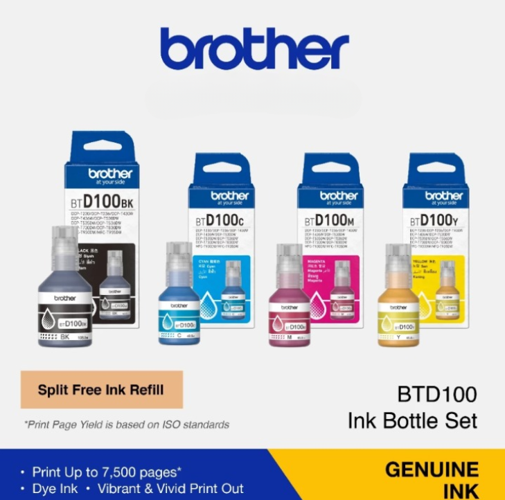 BROTHER BTD100BK/BTD100C/BTD100M/BTD100Y GENUINE INK CARTRIDGE