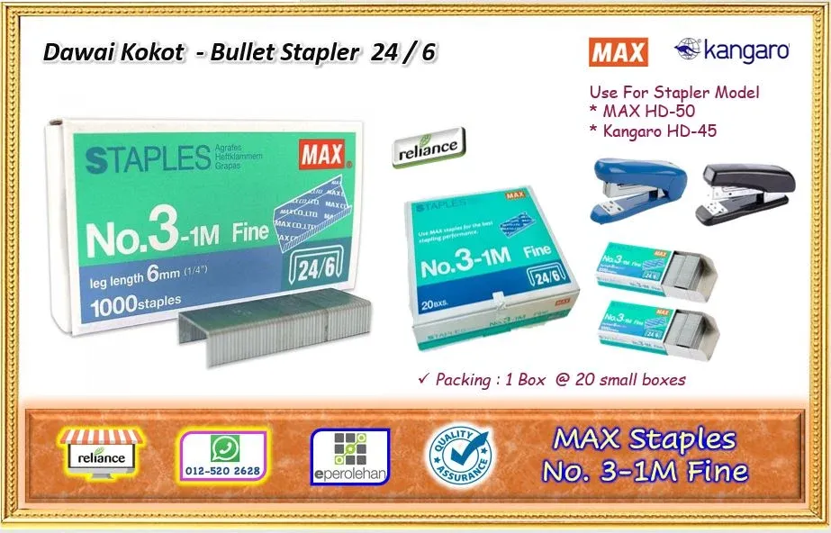 MAX Staples 3-1M (24/6) / MAX No 3 Bullet / Dawai Kokot / MAX 3-1M Staples Bullet # Size - 6mm # 24/6 # For Stapler : MAX HD-50 & Kangaro HD-45 # MAX Stapler Bullet # MAX Bullet # RP0981 ( KTT : 1 Kotak Besar @ 20 Kotak Kecil )