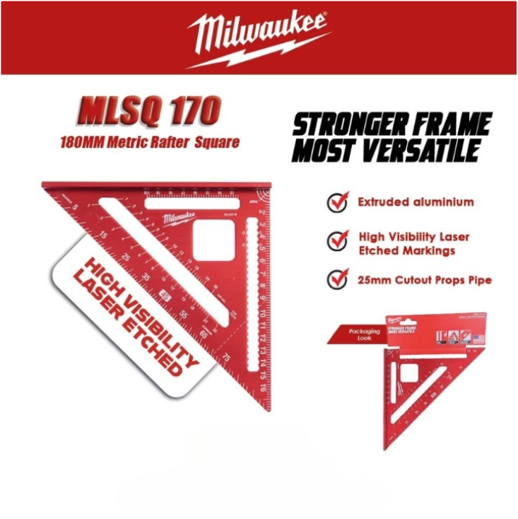 MILWAUKEE MLSQ 170 180MM EXTRUDED ALUMINIUM METRIC RAFTER SQUARE HIGH VISIBILITY MARKINGS