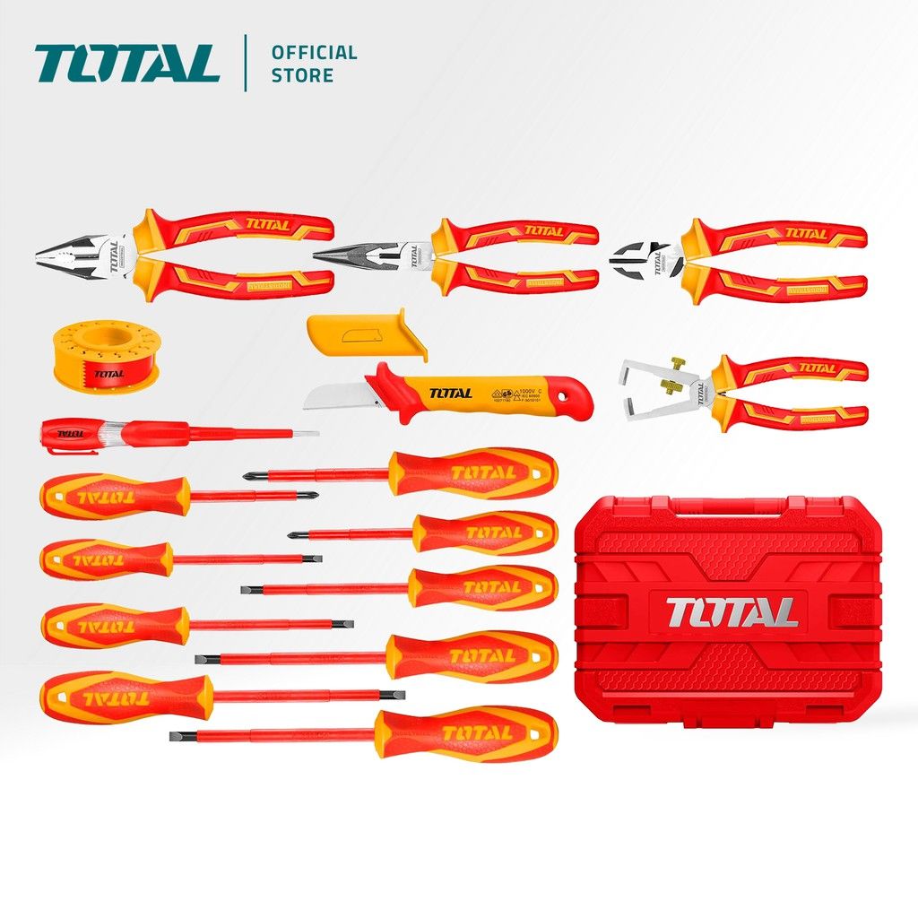 TOTAL INSULATED HAND TOOLS SET WITH PLIERS WRENCH SCREWDRIVER TEST PEN KNIFE & TAPE (1000V/16 PCS) THKITH1601 (VDE Approved Certifications)