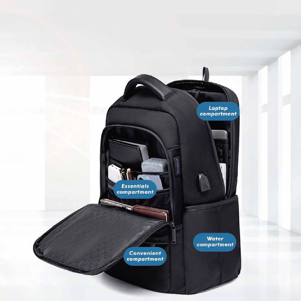 Arctic Hunter i-Crusaderz Backpack Waterproof Nylon Laptop Backpack USB Charging Business Professional Travel (15.6") Black/Blue/Grey