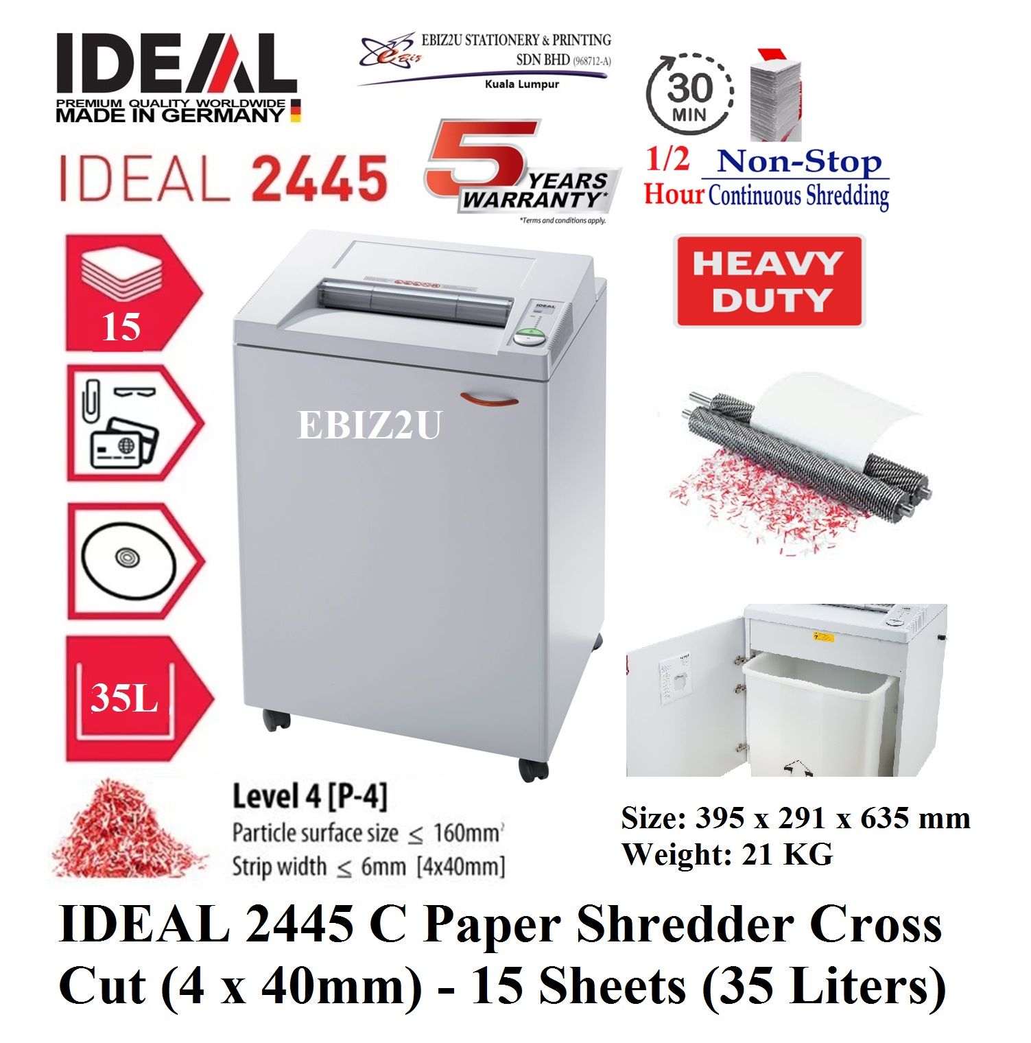 IDEAL 2445 C Paper Shredder Cross Cut (4 x 40mm) - 15 Sheets (35 Liters) (30 mins non stop, Cross Cut, Paper Shredder, Shredder Machine, Office Shredder, Heavy Duty Shredder, Mesin Penghancur Kertas)