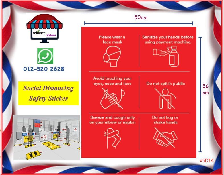 Social Distance Safety Sticker / Pelekat Keselamatan Sosial Jarak / Safety Sticker Sign # Social Distancing Signboard # Size : 50cm x 56cm # RS1591 ( KTT : 1 Keping )