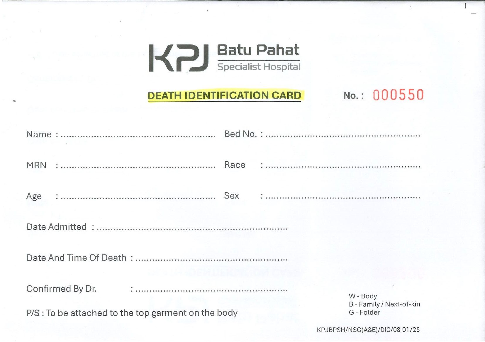 Death Identification Card
