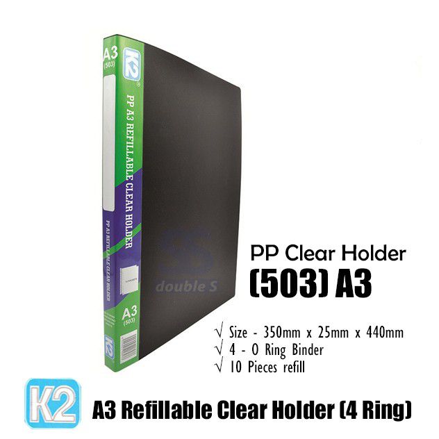 K2 503 A3 Refillable Clear File 4 O Ring With 10 Refill 1pc (Black)
