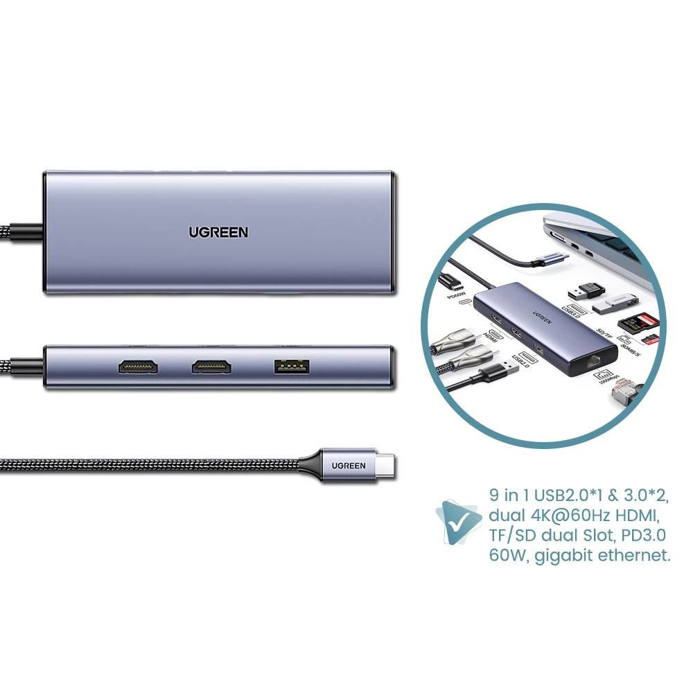 UGREEN USB C HUB 9 IN 1 TYPE C HUB WITH DUAL HDMI TRIPLE-SCREEN EXPANSION DOCK GIGABIT NETWORK CABLE PORT ADAPTER
