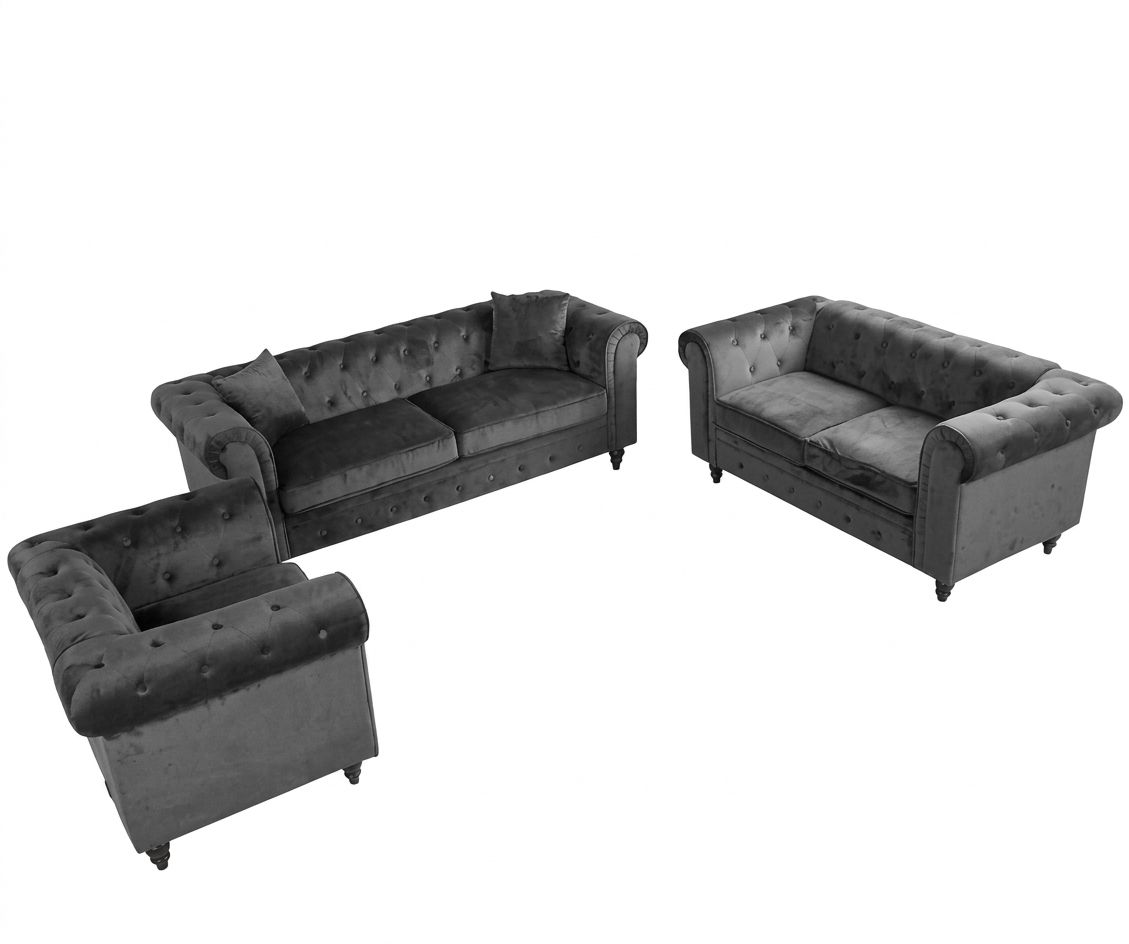 QP Set Sofa Chesterfield Velvet 1+2+3 Seater Grey