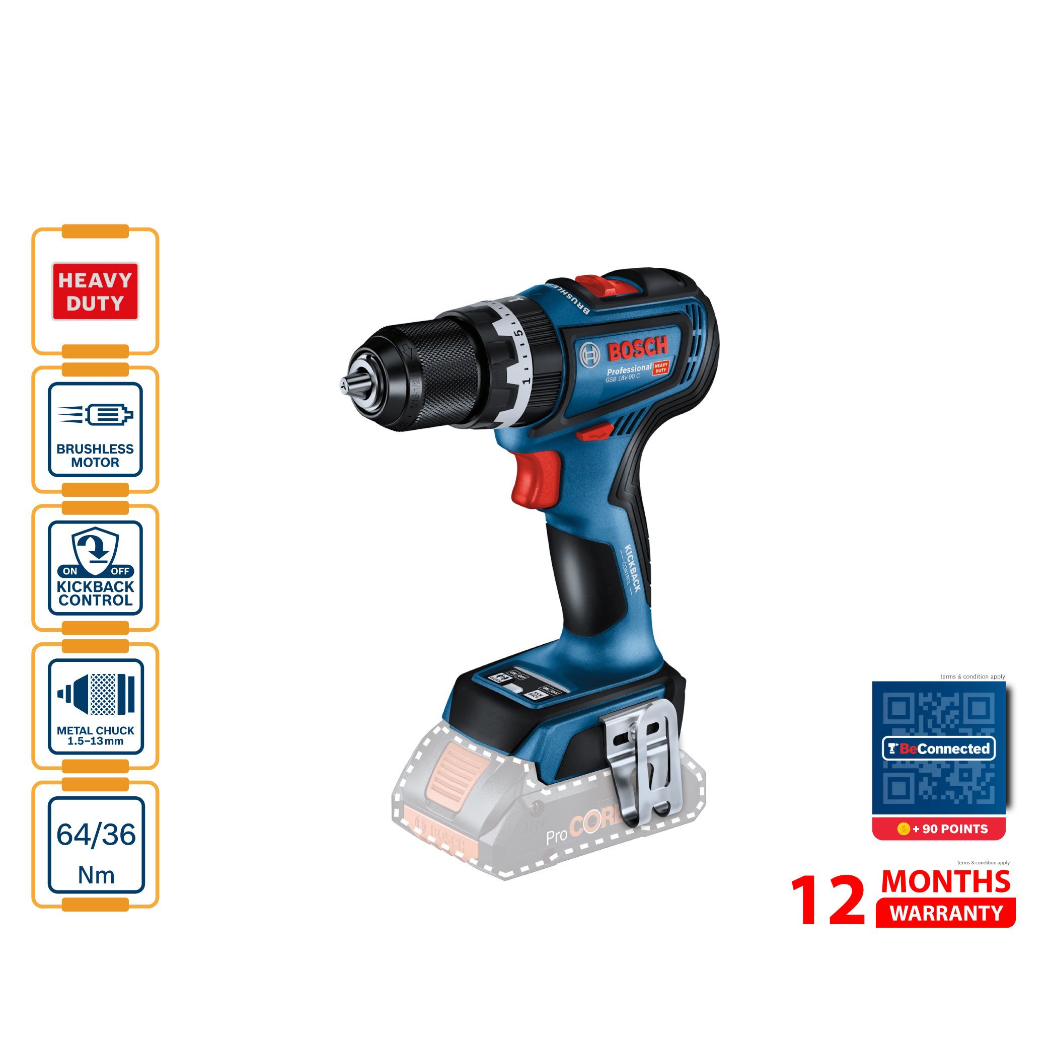 BOSCH GSB 18V 90 C Cordless Impact Drill / Driver (Solo) - 06019K61L0