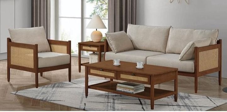 Wooden Sofa 2 + 1 Seater - Solid Rubberwood with Rattan (For Pulau Tioman Only)