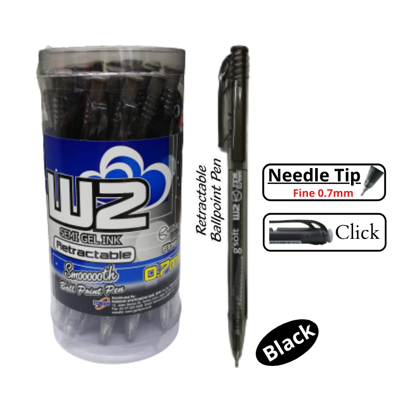 GSOFT W2 RETRACTABLE BALL PEN 0.7MM (BLACK) 1 X 25PCS