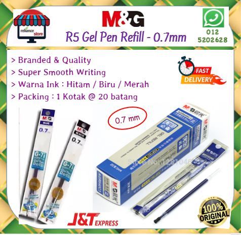 M&G Gel Pen Refill - 0.7mm / M&G Refill Ink / Isi Semula Ink Pen # Hitam / Biru / Merah # RP1019-1 ( KTT : 1 Kotak @ 20 Batang )