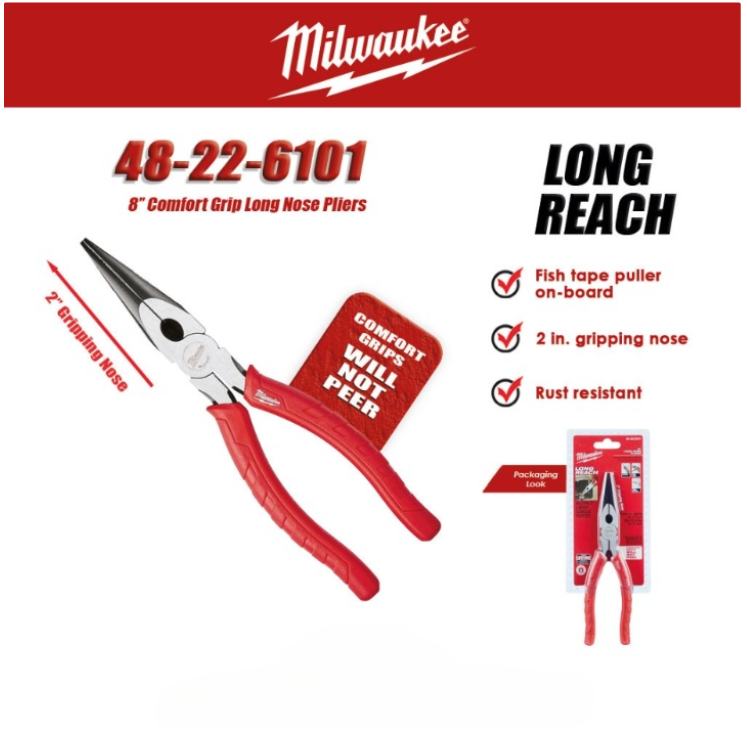 MILWAUKEE 48-22-6101 (8'') COMFORT GRIP LONG NOSE PLIERS LONG REACH
