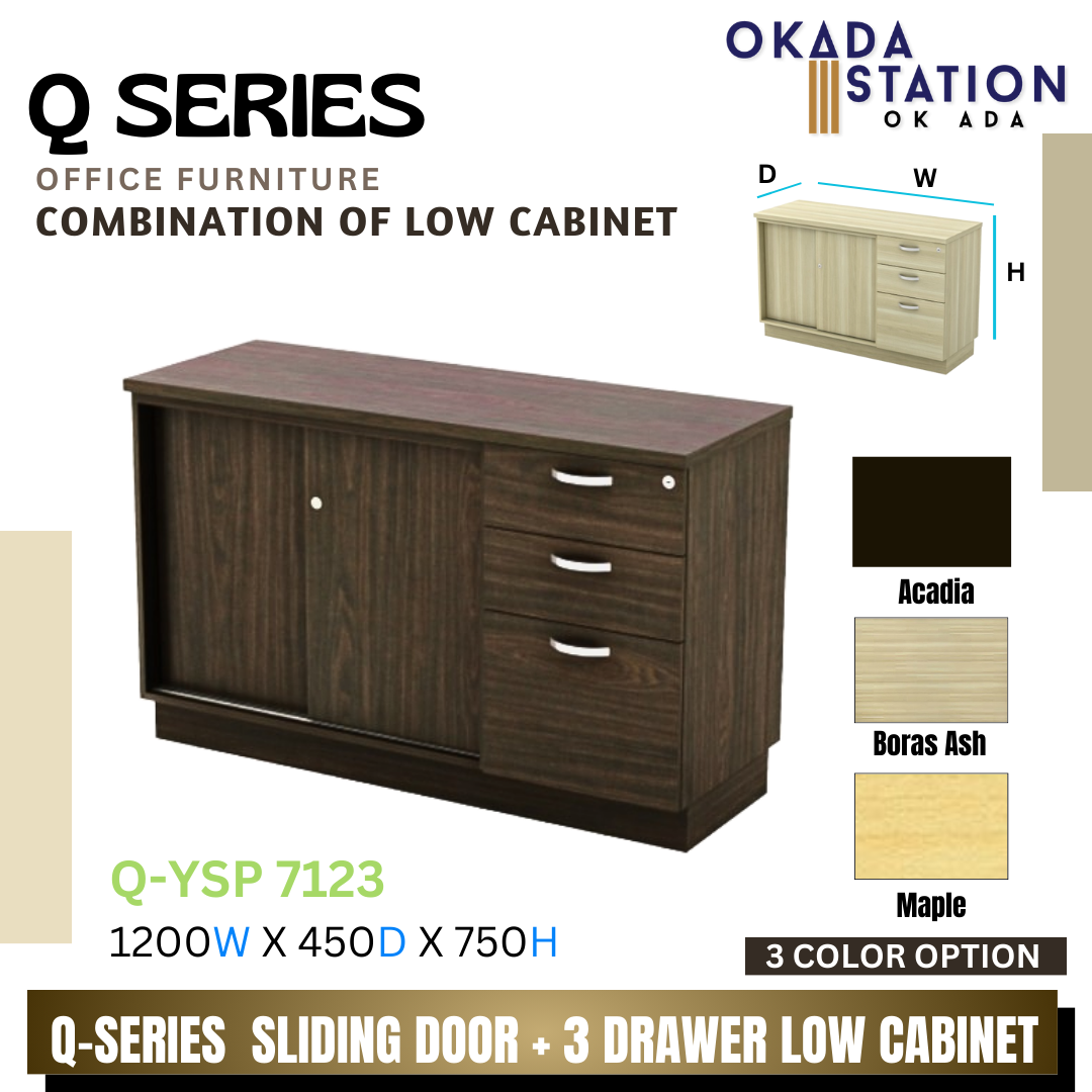 VS Q SERIES SLIDING DOOR + 3 DRAWER FIXED PEDESTAL COMBINATION LOW CABINET- (Q-YSP 7123) / Q SERIES / WOODEN COMBINATION LOW CABINET / COMBINATION LOW CABINET / LOW CABINET / SLIDING DOOR + FIXED PEDESTAL 2D1F / CABINET