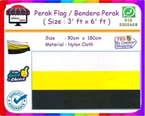 Perak Flag 3 x 6 / Perak State Flag / Bendera Perak / Bendera Negeri Perak # Saiz : 3' kaki (W) x 6' kaki (L) / 90cm x 180cm # Kain Nilon # RP-0064( KTT : 1 Helai )